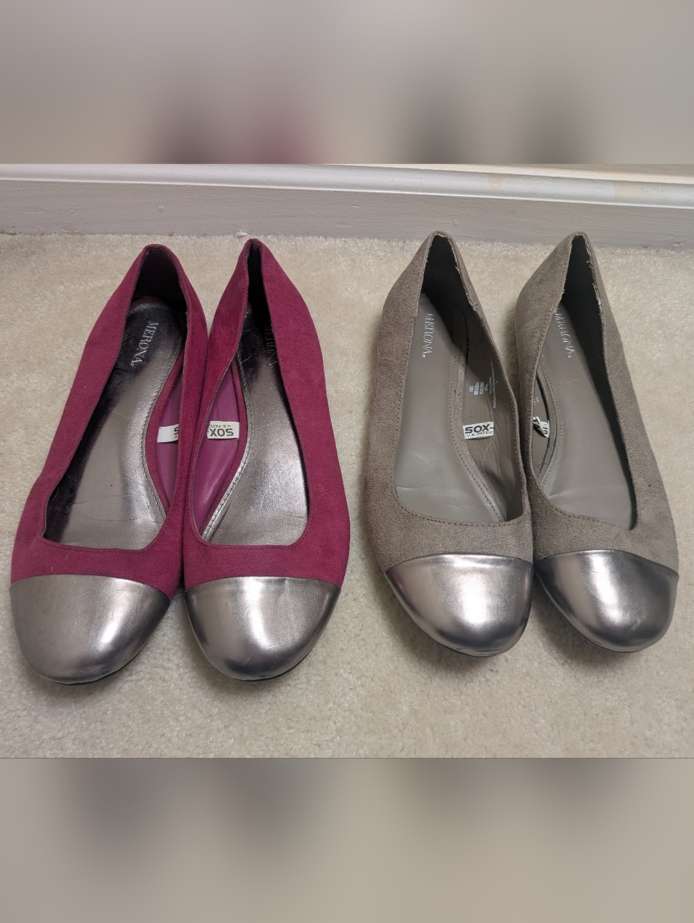 🔴5/$25 Merona Women's Fuchsia + Taupe Suede Flats with Metallic Cap Toe